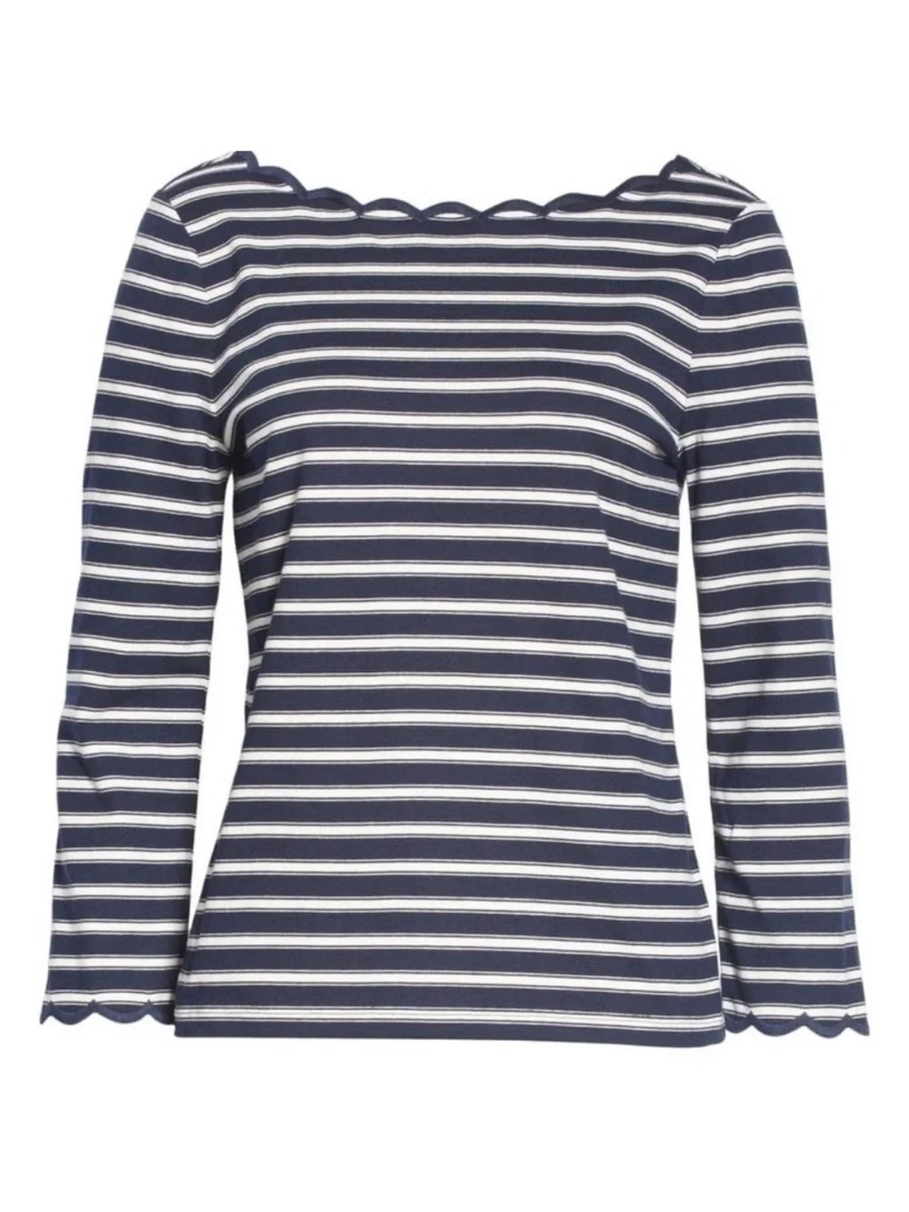 kate spade Navy and White Scalloped-Trim Striped Long Sleeve Top NWOT